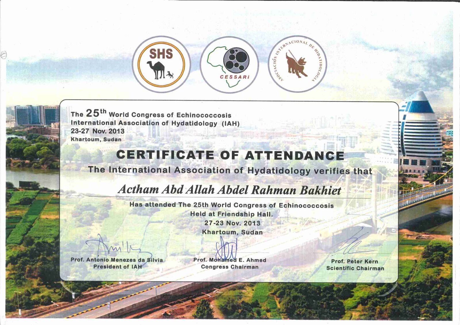 Certificate: 25th Congress in Echinococcosis — Attendance (2013)